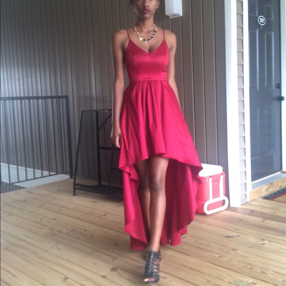 Red taffeta hi-lo dress